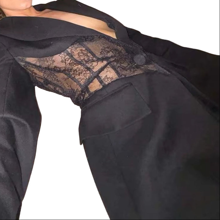 OUDINA New Style See-Through Waist Lace Elegant Casual Long Sleeve Ladies Tuxedo Blazers Jacket Blazer Women