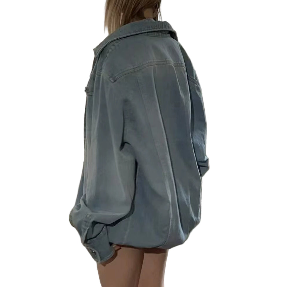 OUDINA Fashion Retro Light Washed Shirt Jacket Casual Ladies Jackets Trend Street Style Denim Jacket