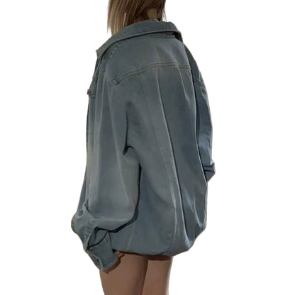 OUDINA Fashion Retro Light Washed Shirt Jacket Casual Ladies Jackets Trend Street Style Denim Jacket