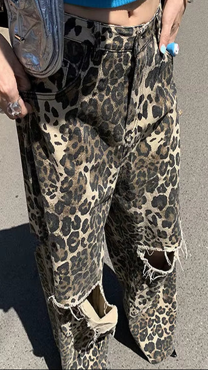 OUDINA New Ripped Leopard Print Vintage Casual Loose Baggy High Waist Straight Pants Denim Boyfriend Women'S Jeans