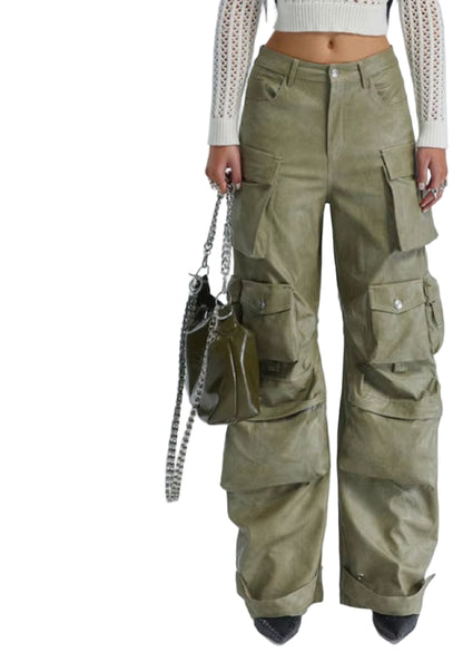 OUDINA Stylish Street Customize PU Trousers High Waist Baggy Mujer 6 Pocket Cargo Pant Wide Leg Women Leather Pants