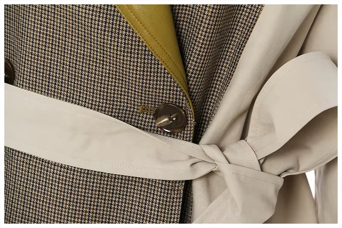 OUDINA Fashion Women'S Coats Winter British Style Contrast Color Leather Plaid Long Trench Coat Women