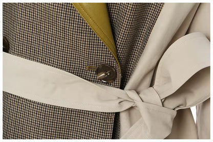 OUDINA Fashion Women'S Coats Winter British Style Contrast Color Leather Plaid Long Trench Coat Women