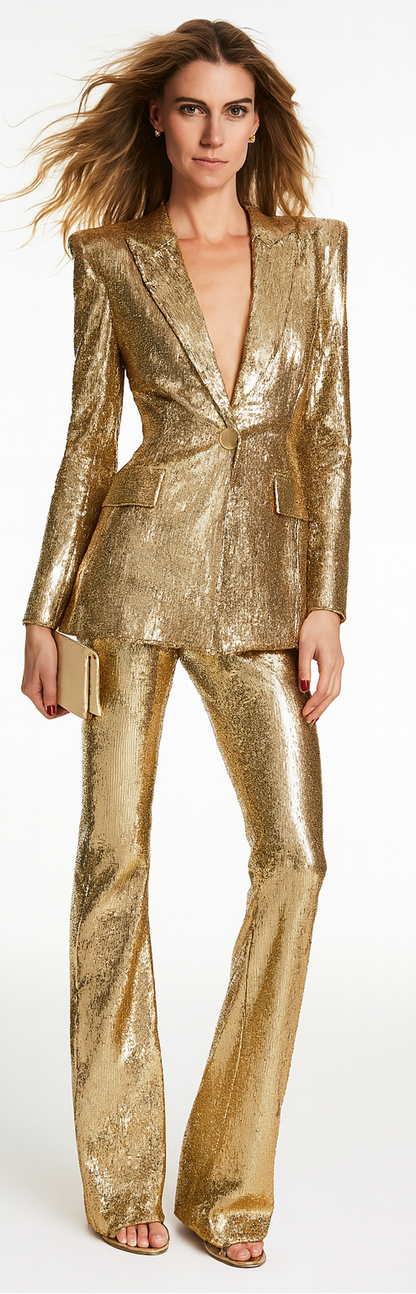 Shine Bright in the Aurora Sequin Power Suit – Luxurious Gold Edition