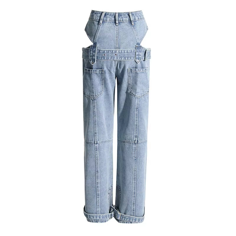 OUDINA Hot Style New Straight Fit Jeans Sexy Hollow Waist-Baring Lace-Up Denim Solid Color Pants for Women