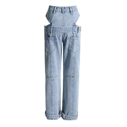 OUDINA Hot Style New Straight Fit Jeans Sexy Hollow Waist-Baring Lace-Up Denim Solid Color Pants for Women