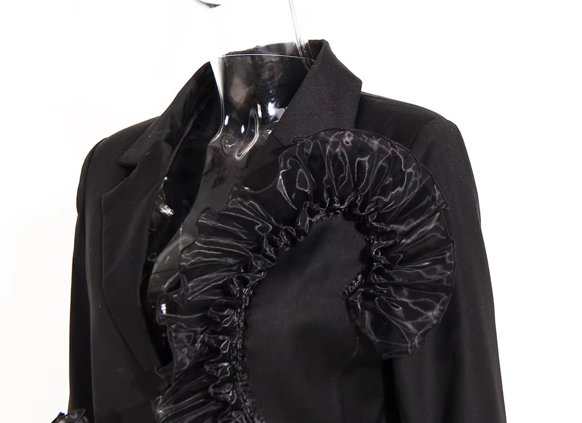 OUDINA New Stylish 2022 Blazer Tassel Casual Stitching Mesh Lace Ladies Midi Woman Blazers