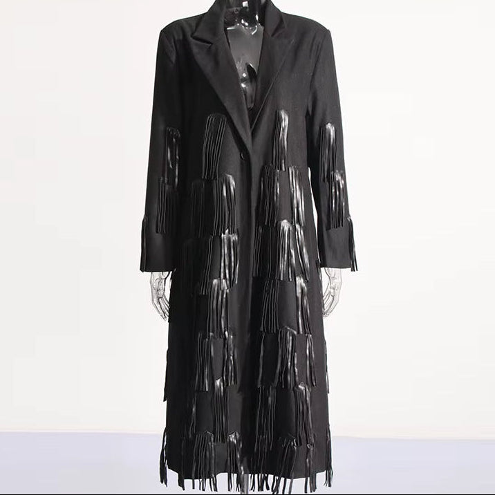 OUDINA Australian Show Style Fashion Spring New Design Leather Splicing Tassel Windbreaker Women'S Long Coat