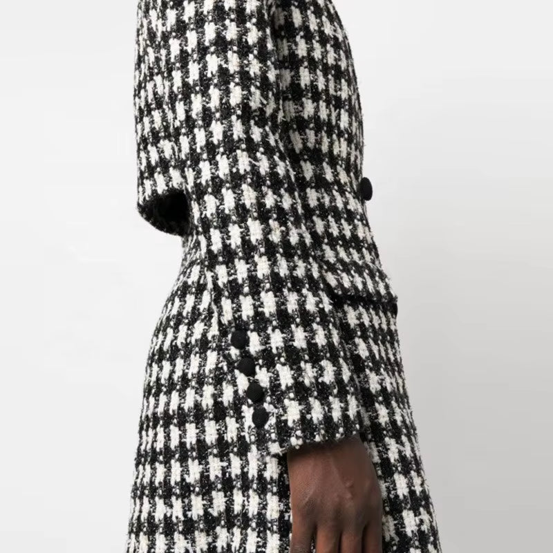 OUDINA High Fashion Long Sleeve Hollow Backless Houndstooth Women plus Size Jacket Blazer Office Formal Ladies Tweed Blazers