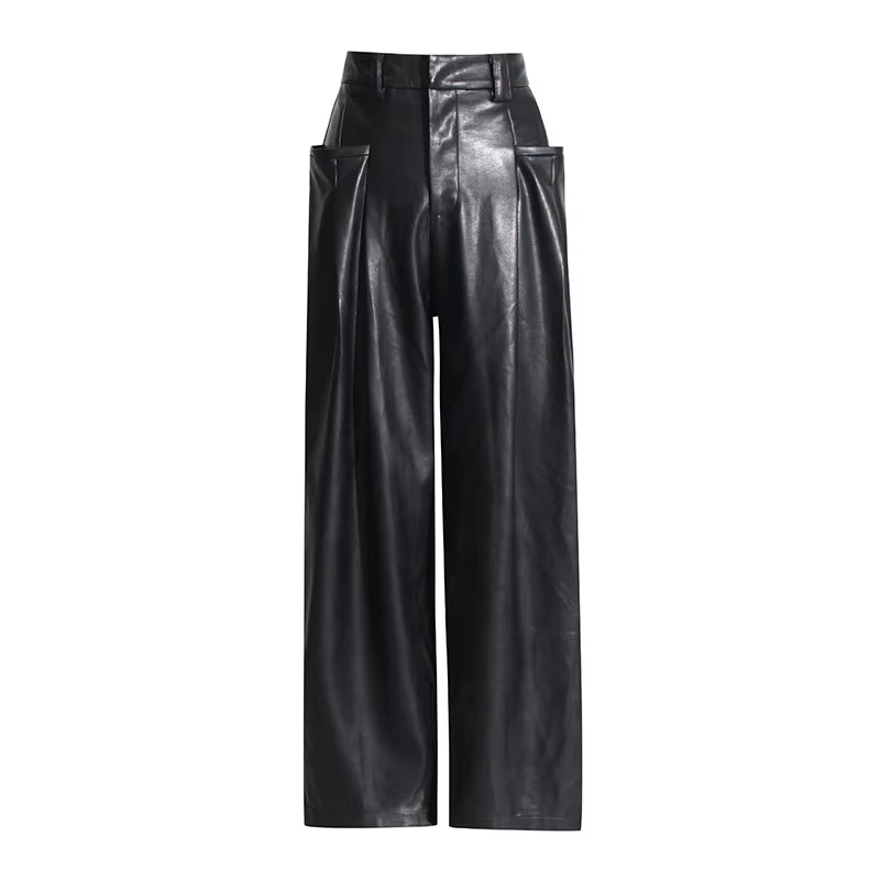 OUDINA Street Style High Waist Skinny Denim Casual Trousers Black PU Leather Pant Women'S Leather Pants