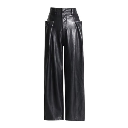 OUDINA Street Style High Waist Skinny Denim Casual Trousers Black PU Leather Pant Women'S Leather Pants