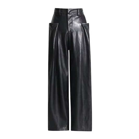 OUDINA Street Style High Waist Skinny Denim Casual Trousers Black PU Leather Pant Women'S Leather Pants