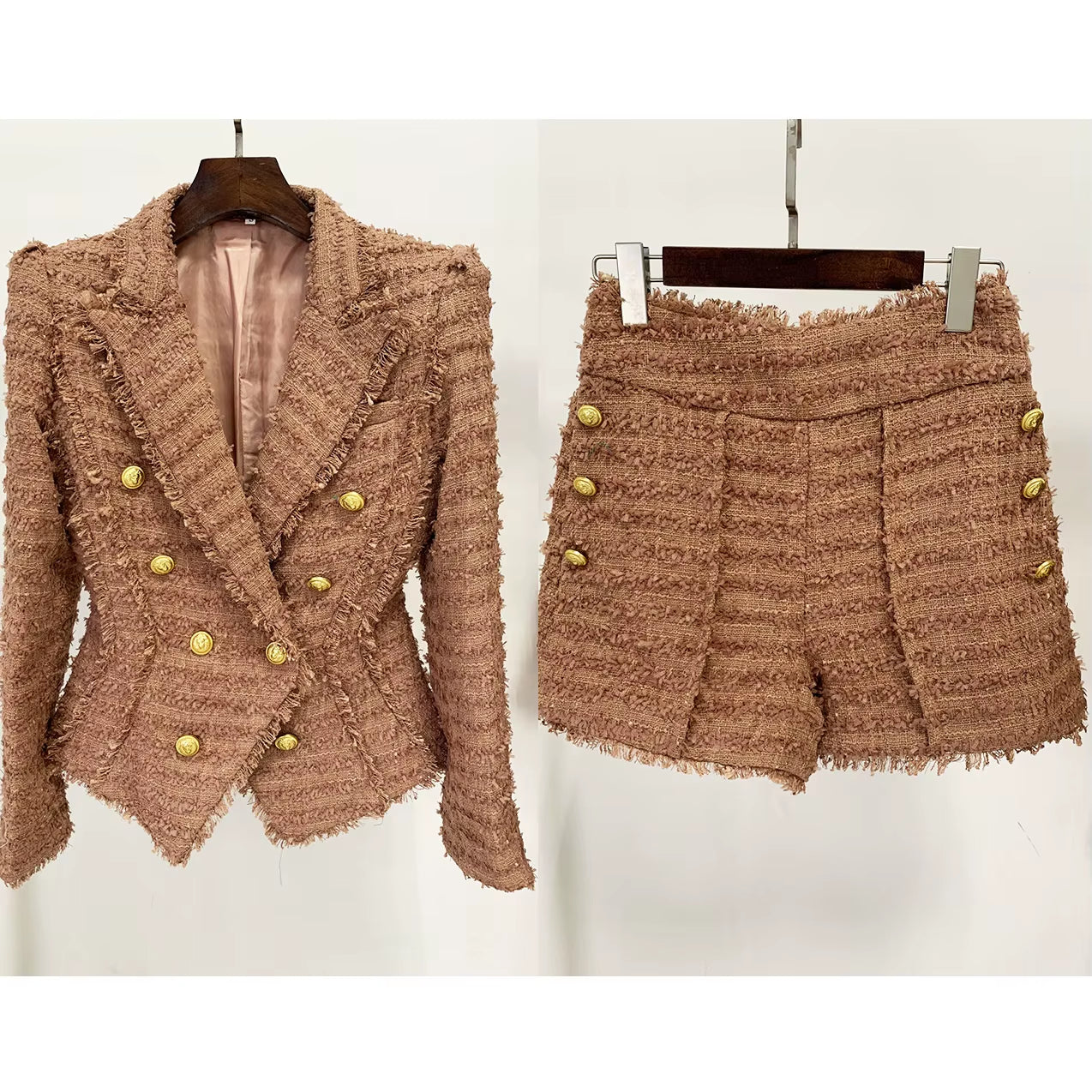 OUDINA Wholesale Two Piece Sets Knitted Profession Office Fringed Tweed Blazer Shorts Suit Set for Ladies Women'S Suits & Tuxedo
