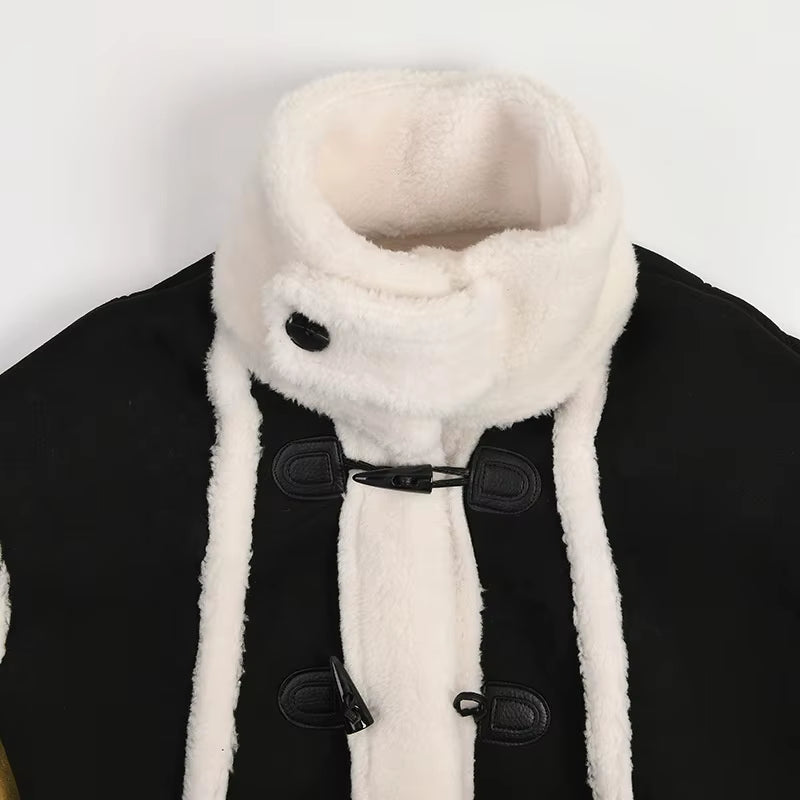 OUDINA Fashion Loose Lamb Plush Horn Buckle Thick Winter Coats Ladies Women Fur Coats