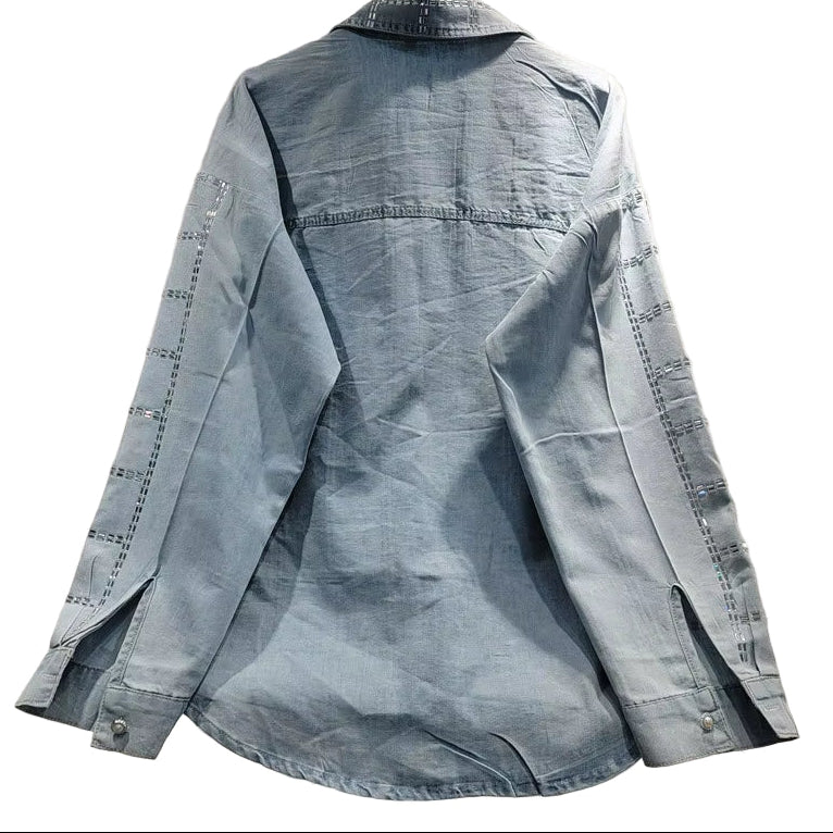 OUDINA Fashion Loose Casual Denim Jacket Set Rhinestones Sparkling Plaid Jeans Set Two Piece Pants Sets