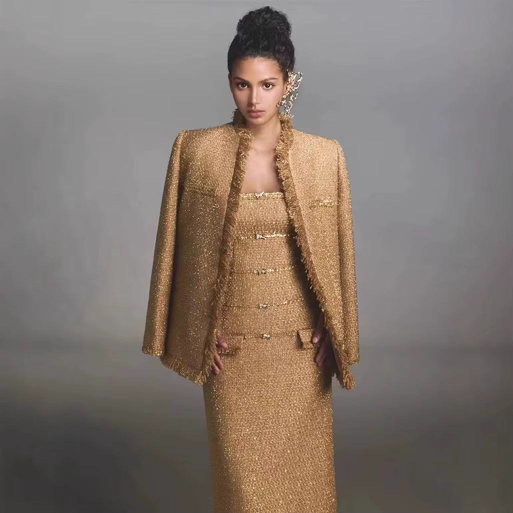 OUDINA New Arrival Top Fashionable Textured Double Breasted Luxury Jacket Blazers Women Tweed Blazer