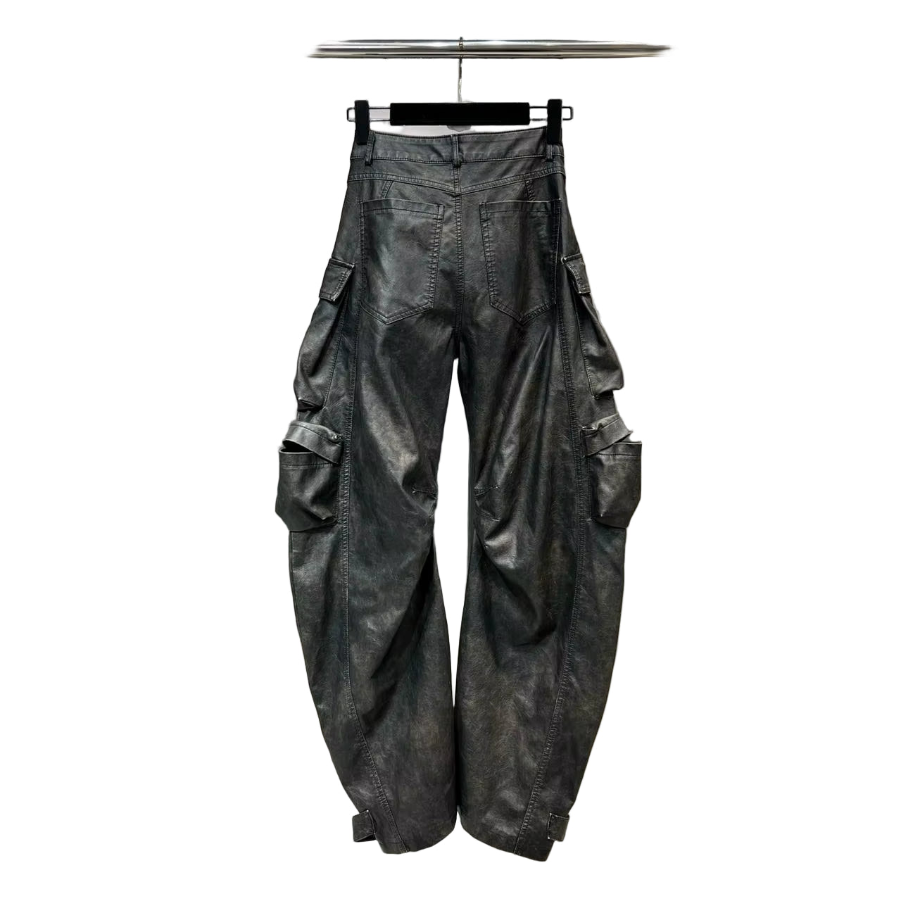 OUDINA 2023 New High Street Multi Pocket Leather Pants Solid Color High Waist Wide-Leg Cargo Trousers Women