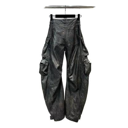 OUDINA 2023 New High Street Multi Pocket Leather Pants Solid Color High Waist Wide-Leg Cargo Trousers Women