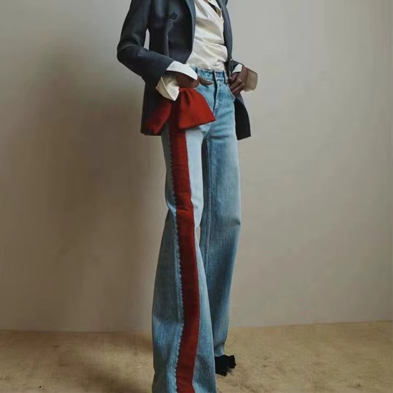 OUDINA New Temperament Bow Splicing Contrast Color Flared Jeans Elegant Simple Denim Jeans Casual Women'S Jeans