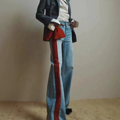 OUDINA New Temperament Bow Splicing Contrast Color Flared Jeans Elegant Simple Denim Jeans Casual Women'S Jeans