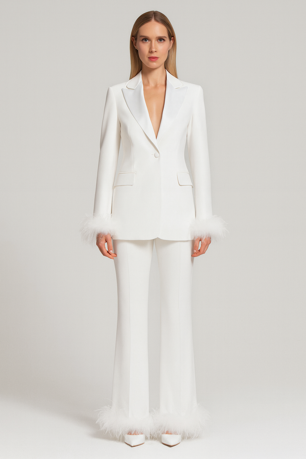 Chic Feather Trim Tailored Suit Set for Women - Elevate Your Business Wardrobe