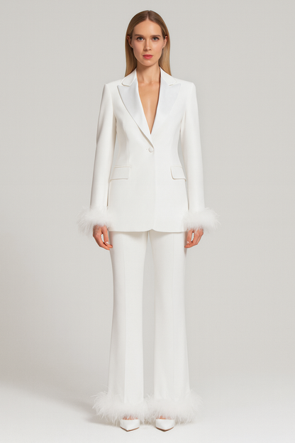 Chic Feather Trim Tailored Suit Set for Women - Elevate Your Business Wardrobe