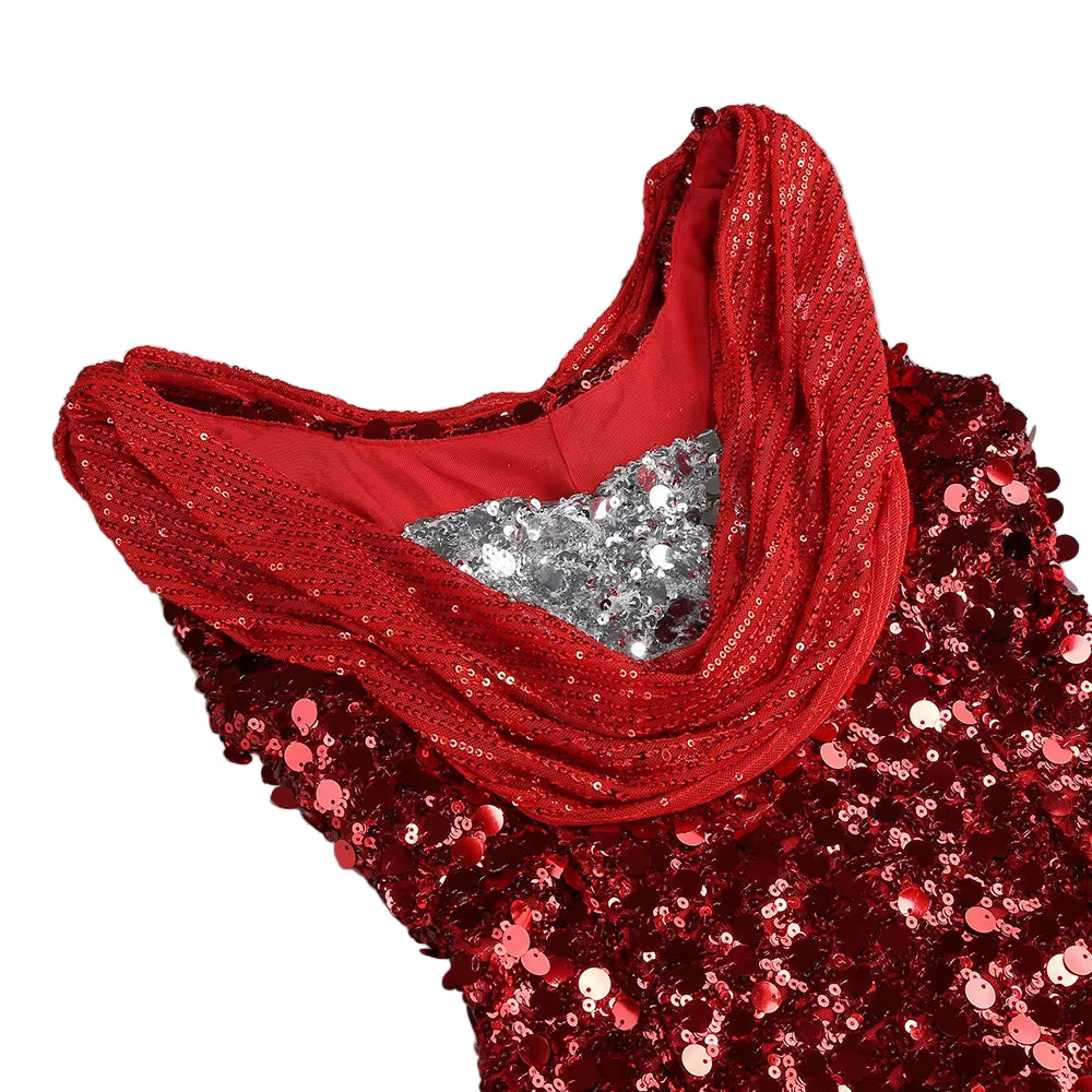 OUDINA American Dropshipping Splicing Sequins Pleated Bodycon Simple Lady Elegant Party Women Long Dress