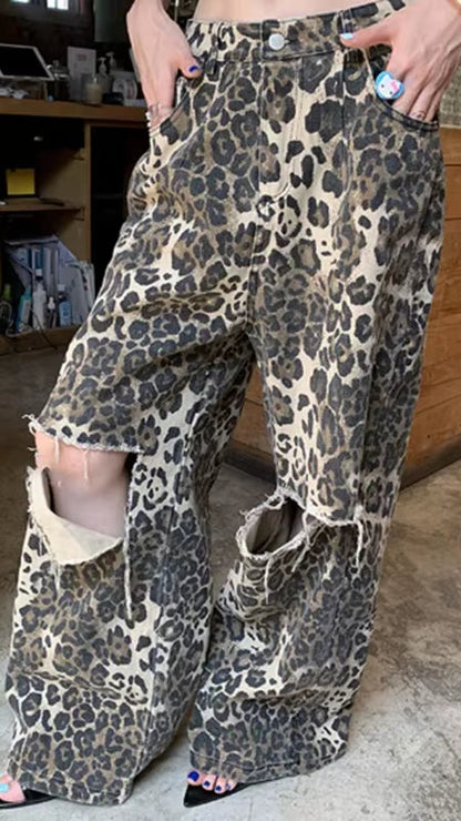 OUDINA New Ripped Leopard Print Vintage Casual Loose Baggy High Waist Straight Pants Denim Boyfriend Women'S Jeans