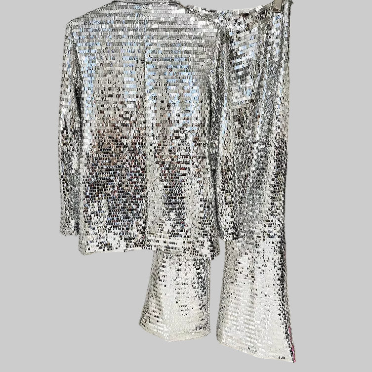 OUDINA Spring New Elegant Mesh Sequin One Button Blazer Jacket Suit Trousers Office Formal Two Piece Women'S Suit Sets