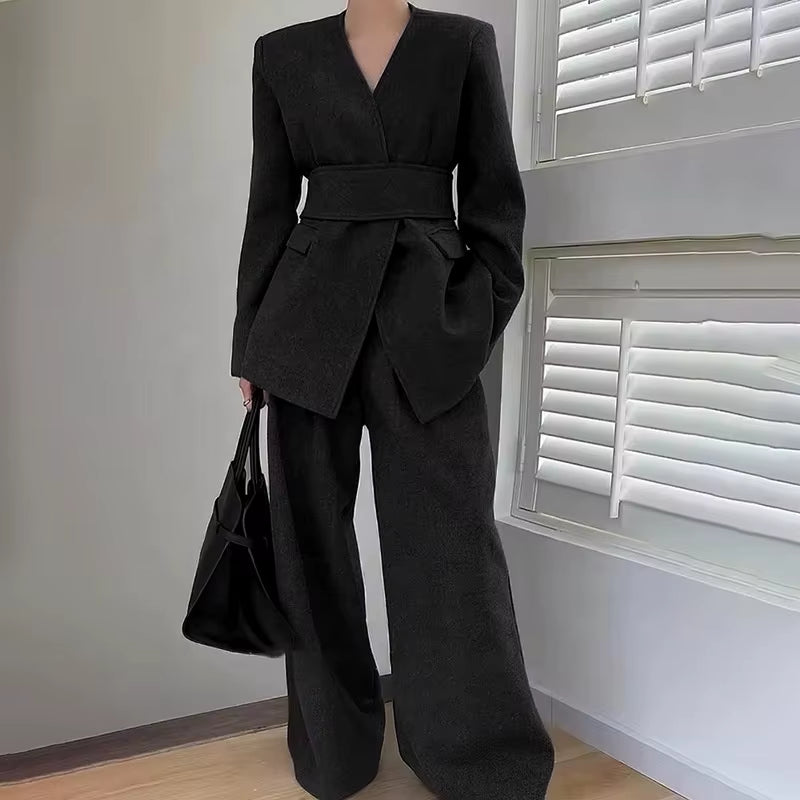 OUDINA Fashion Stitching Sashes High Waist Wide Leg Pants Solid Ladies Suits Women Two Piece Set Women'S Suits