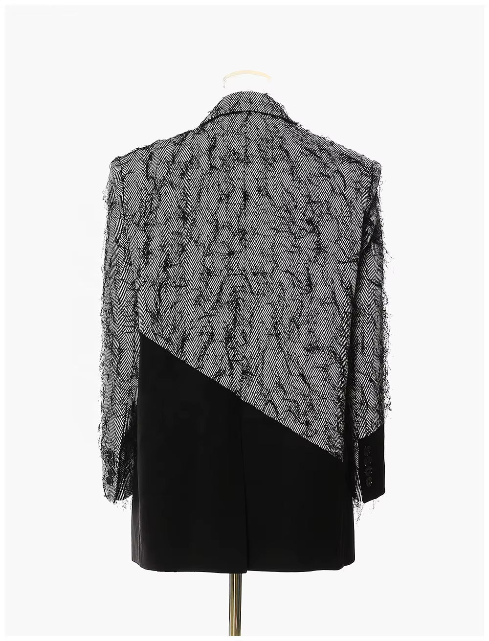 OUDINA RTS Winter Trendy Unique Design Patchwork Irregular Loose Oversized Tassel Blazer Ladies Women