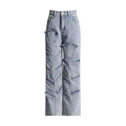 OUDINA Casual Classic Straight Denim Jeans for Women Elegant Flower Applique High Waist Women'S Jeans