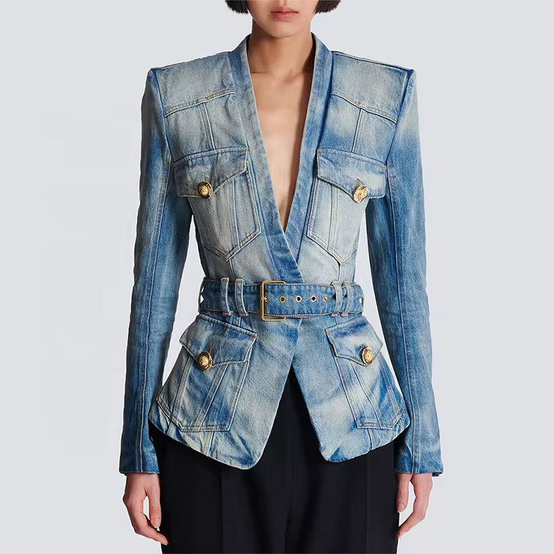 OUDINA Wholesale Ready Stock V Neck Belt Metal Buttons Washed Jean Jacket plus Size XXXL Women'S Jackets