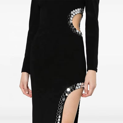 OUDINA Women Star Fashion Temperament Side Slit Hollow Beaded Long Dress plus Size Rhinestones Birthday Formal Dress Woman