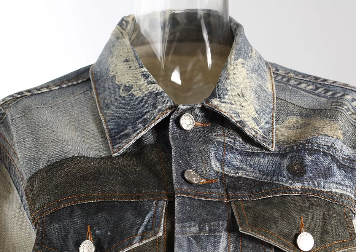 OUDINA Street Fashion Casual Patchwork Leisure Vintage Print Jean Jackets Denim Jacket for Women