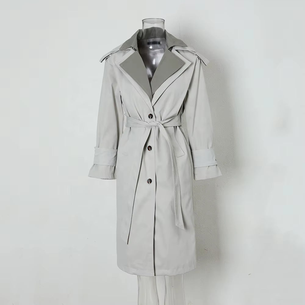 OUDINA Customize LOGO British Style Loose Temperament Windbreaker Long Jacket for Women Trench Coat