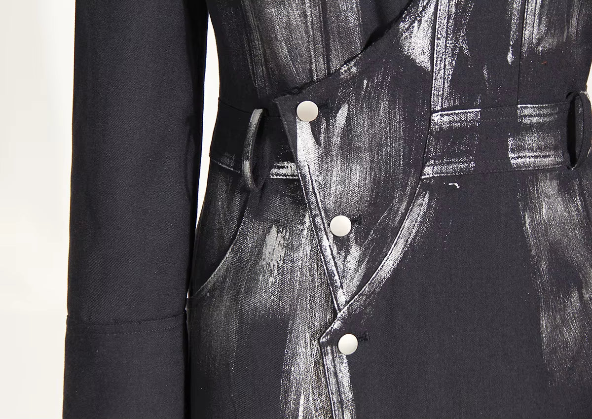 OUDINA Stylish Silver Brush Color Rock Maxi Windbreaker Blazers Ladies Trench Coat Women Long Jacket