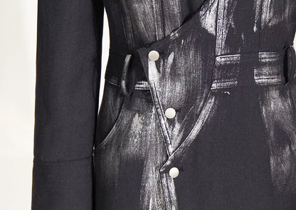 OUDINA Stylish Silver Brush Color Rock Maxi Windbreaker Blazers Ladies Trench Coat Women Long Jacket