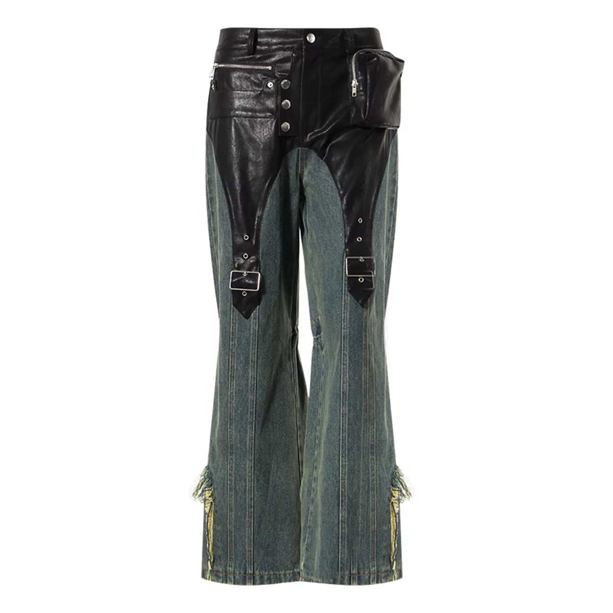 Motorcycle Vintage PU Leather Baggy  Denim Trousers  