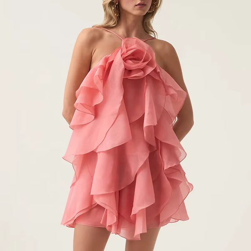 OUDINA New Women Clothing Halter Neck Three-Dimensional Flower Sleeveless Dresses Summer Dress for Women