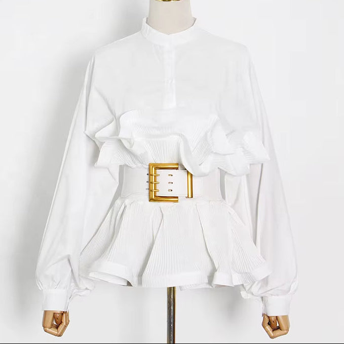 OUDINA Hot Sale Fashion Shirt for Ladies Casual Solid Color with Belt Ruffled Long Sleeve Women'S Blouse Shirts