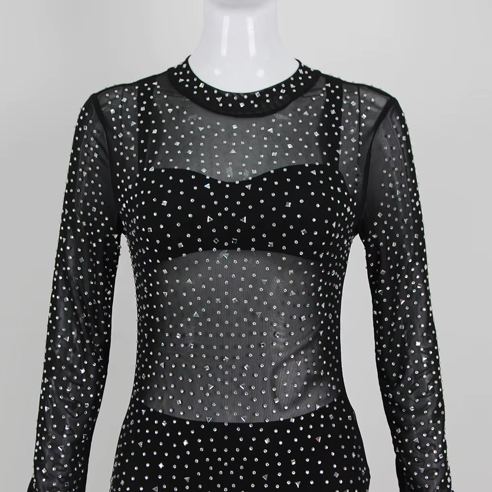 OUDINA Fashion Sexy Transparent Diamond Rhinestone Skinny Party Mesh Sequin Jumpsuit One Piece Women Jumpsuits