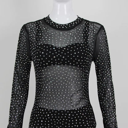 OUDINA Fashion Sexy Transparent Diamond Rhinestone Skinny Party Mesh Sequin Jumpsuit One Piece Women Jumpsuits