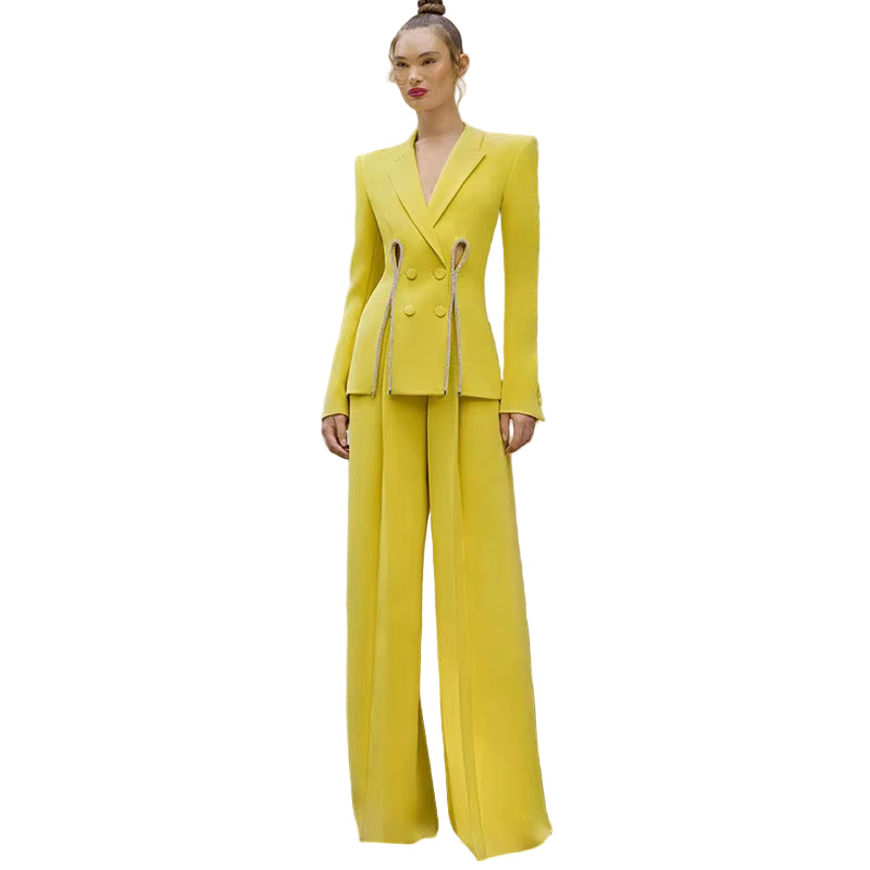 OUDINA Wholesale Trendy OEM Diamond Strip Straight Pants Profession Business Two Piece Set Ladies Blazer Suit for Women