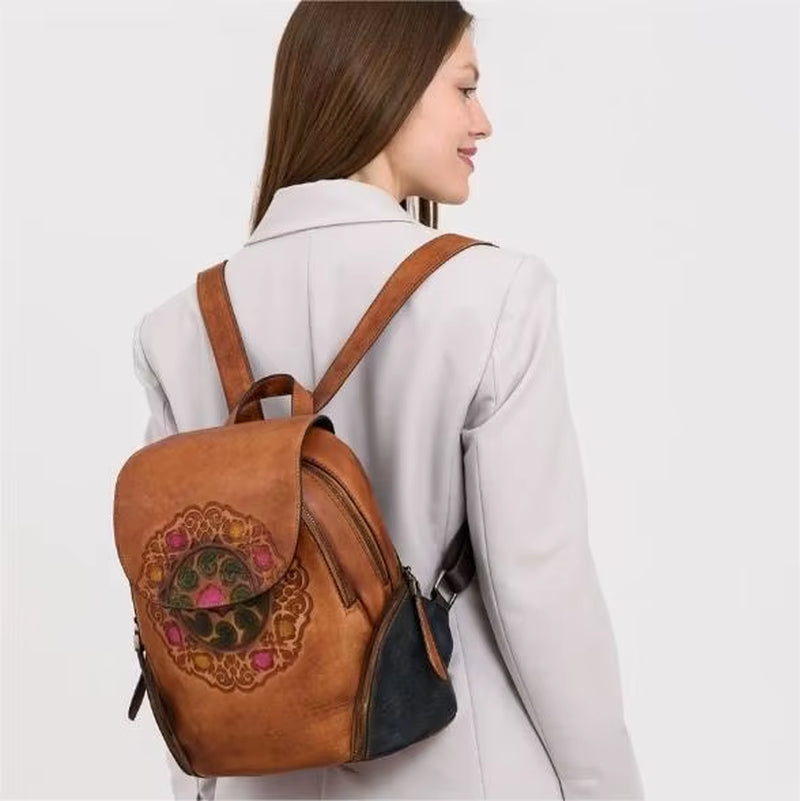 Westal Handmade Chinese Style Cowhide Leather Bag Backpack Genuine Leather Womans Backpack Leather Backpack for Woman