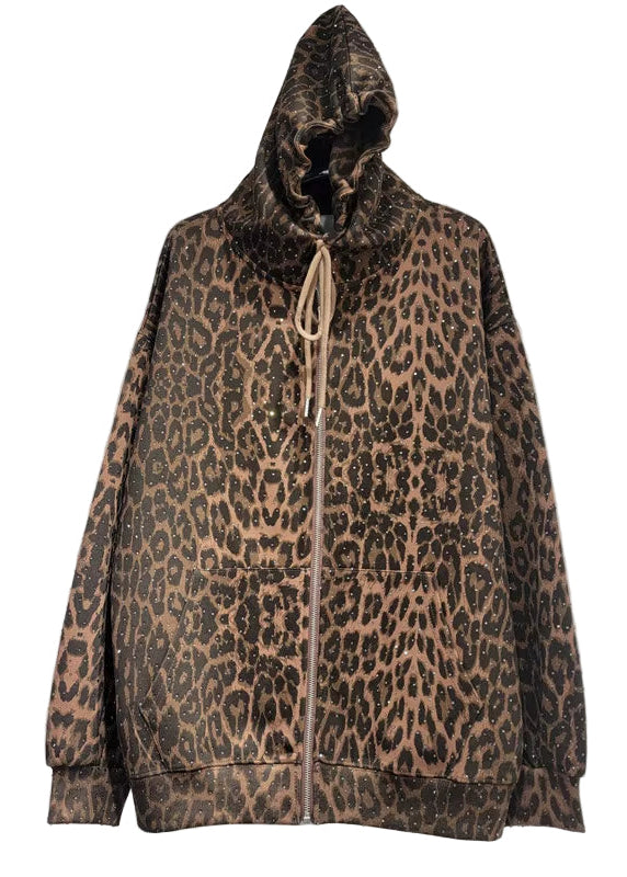 OUDINA Wholesale Women Clothing Casual Print Leopard Top Zipper Sweatshirt Hoodie Pants Sets Two Piece Pants Set