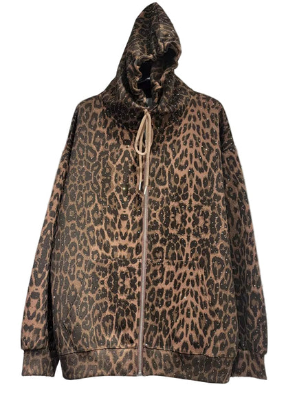 OUDINA Wholesale Women Clothing Casual Print Leopard Top Zipper Sweatshirt Hoodie Pants Sets Two Piece Pants Set