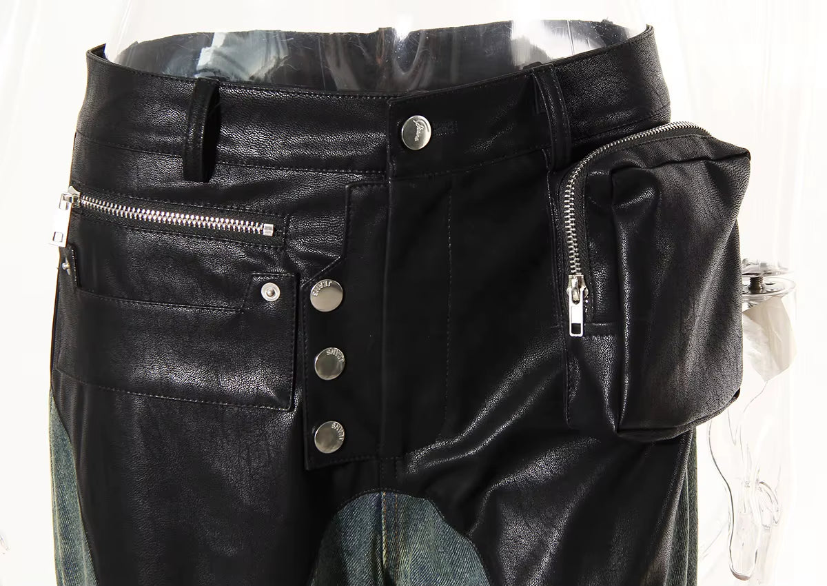 Motorcycle Vintage PU Leather Baggy  Denim Trousers  