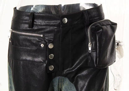 Motorcycle Vintage PU Leather Baggy  Denim Trousers  