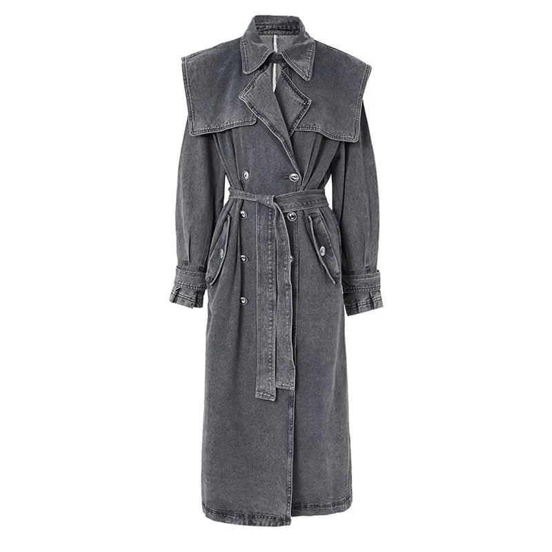 OUDINA High End Fashion Winter Loose Blue Denim Jacket Windbreaker Trench Ladies Long Coat for Women